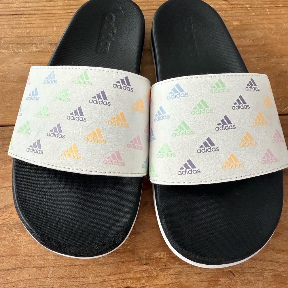 Adidas BlackWhite Slide Sandals with multi color adidas name. Big Girls 4